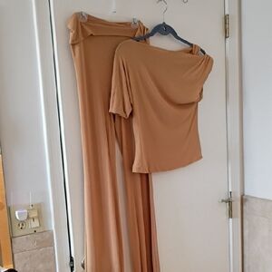 Elegant Tan Off-Shoulder Twist Top With Mesh Pant. Kylie Jenner's Clothing Line